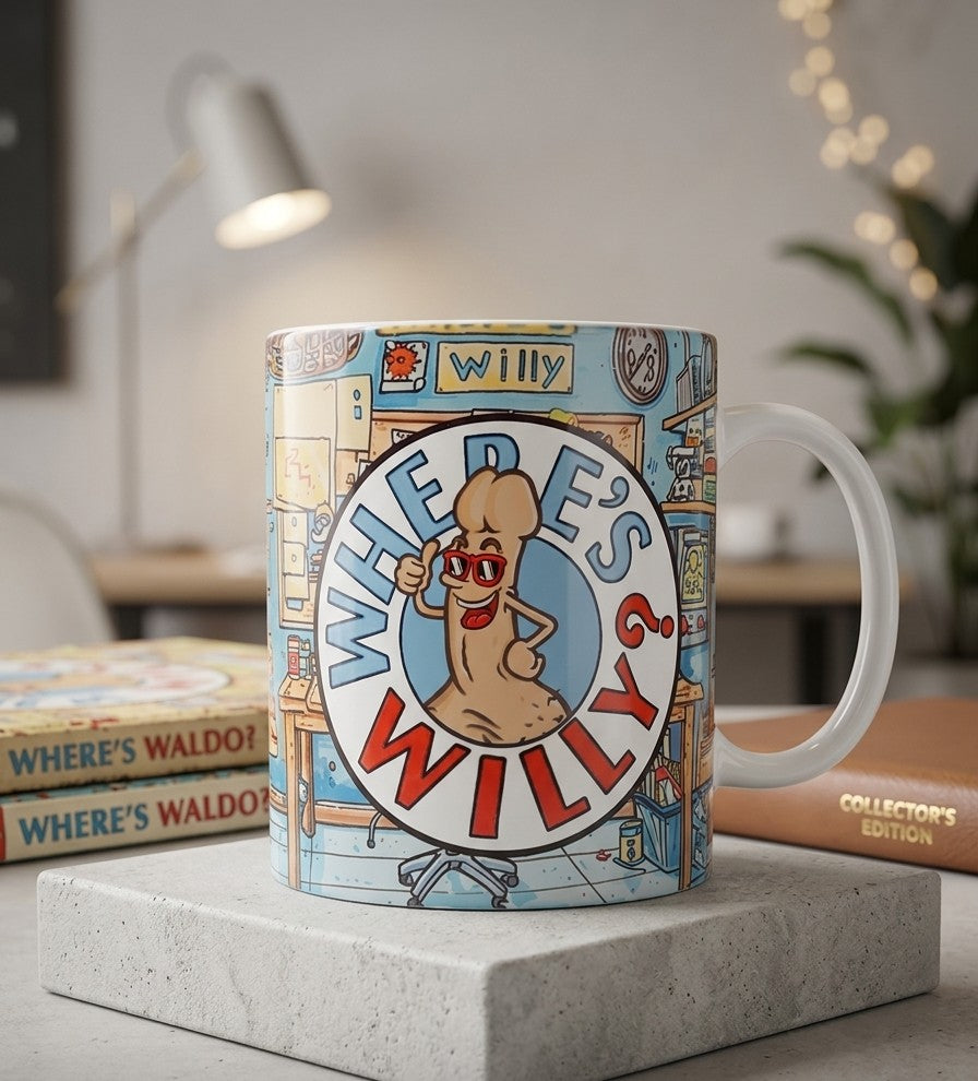 Where's Willy? adult parody coffee mug showing search-and-find artwork
