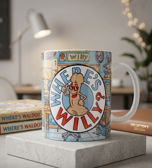 Where's Willy? adult parody coffee mug showing search-and-find artwork