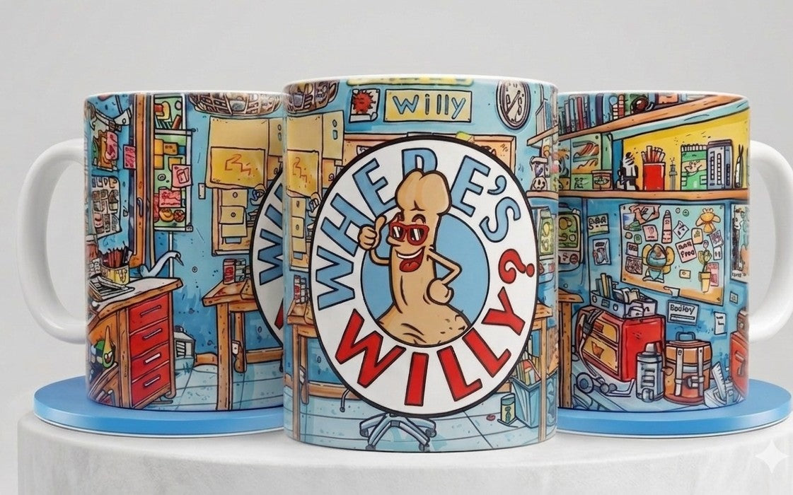 Where's Willy? adult parody coffee mug shown from multiple angles