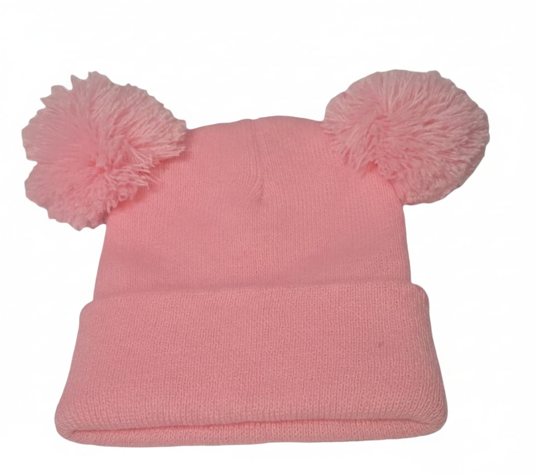 Pink personalised double pom pom baby beanie with name Sophia front view close up