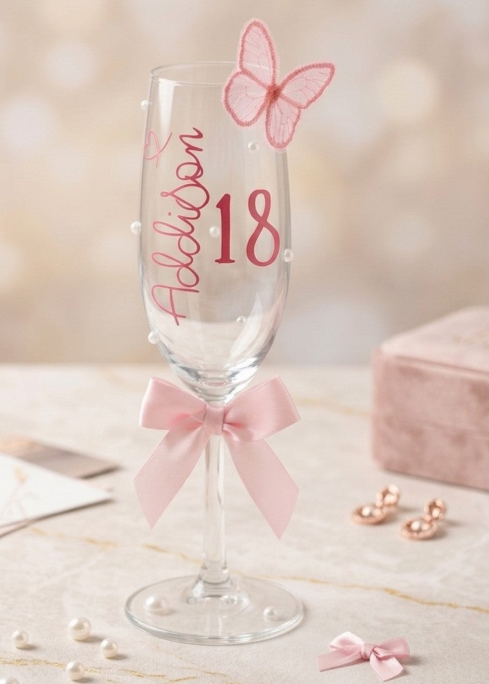 Personalised 3D butterfly champagne flute – satin bow and vinyl name personalisation detail