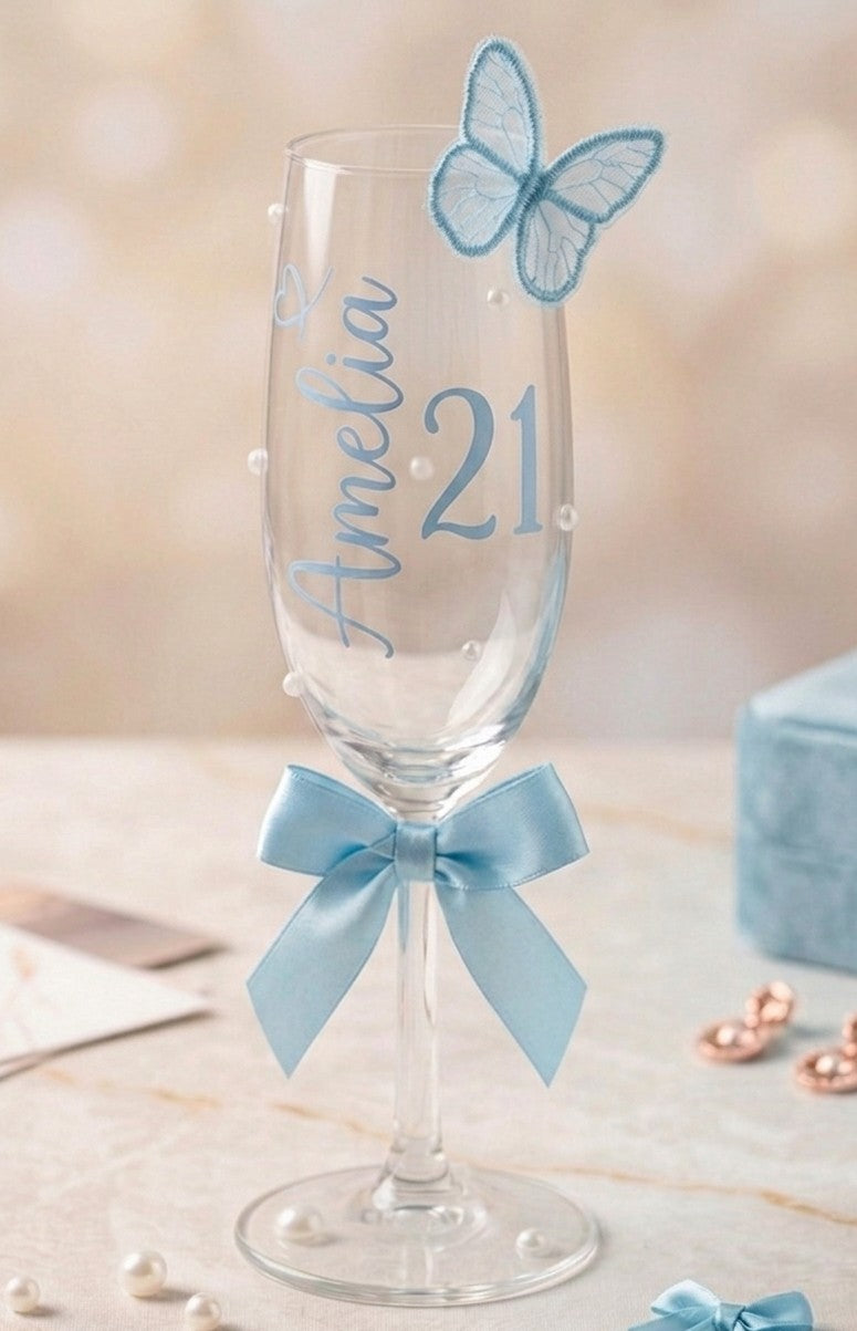 Personalised 3D butterfly champagne flute – milestone birthday gift presentation