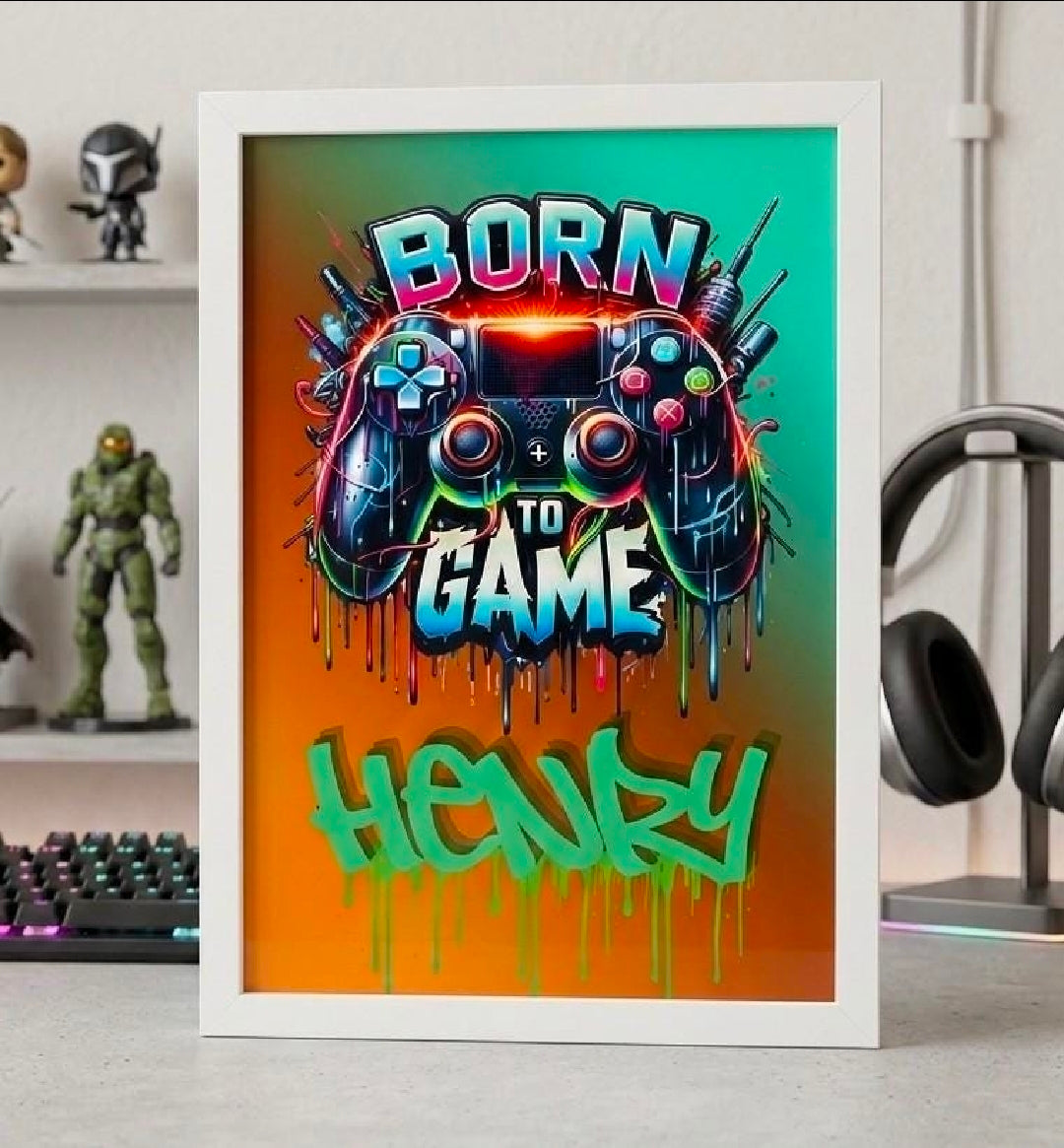 Personalised Born To Game graffiti gaming poster in white frame – Henry example, A4 wall art for gaming bedroom