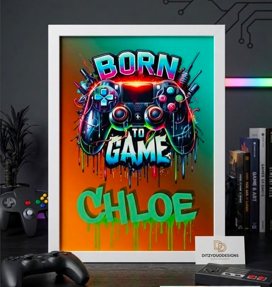 Personalised graffiti controller custom name gaming poster A4, bold street-art style wall art gift for gamers