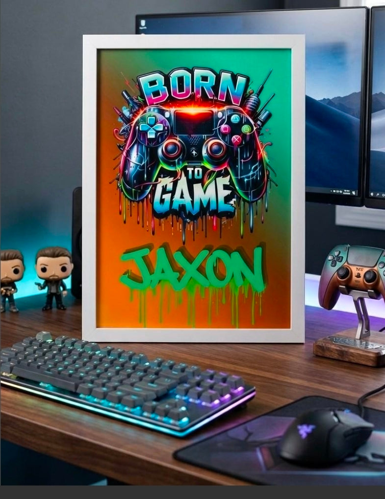 Personalised Born To Game graffiti gaming poster in white frame – Jaxon example, A4 custom name gaming wall art