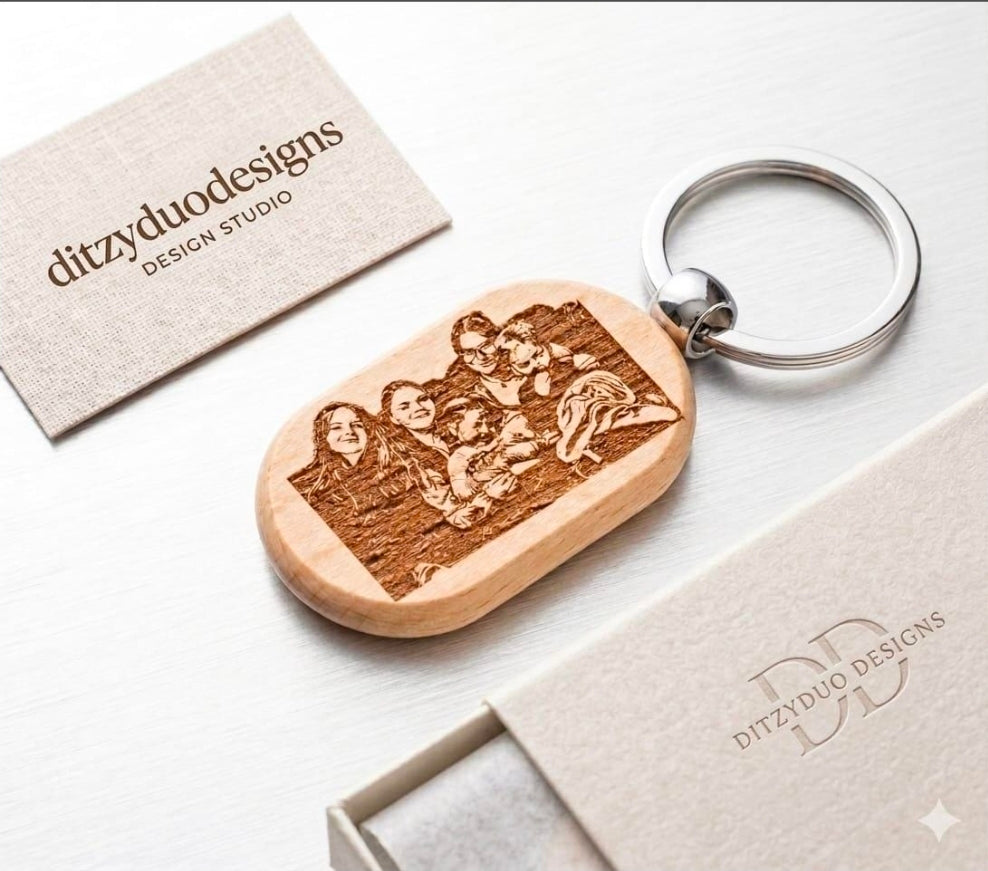 Personalised wooden photo keyring with engraved family portrait presented in gift box, Ditzy Duo Designs