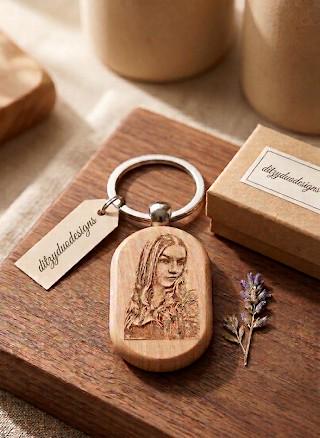 Personalised wooden photo keyring with laser-engraved portrait, beechwood rounded rectangle, custom gift by Ditzy Duo Designs