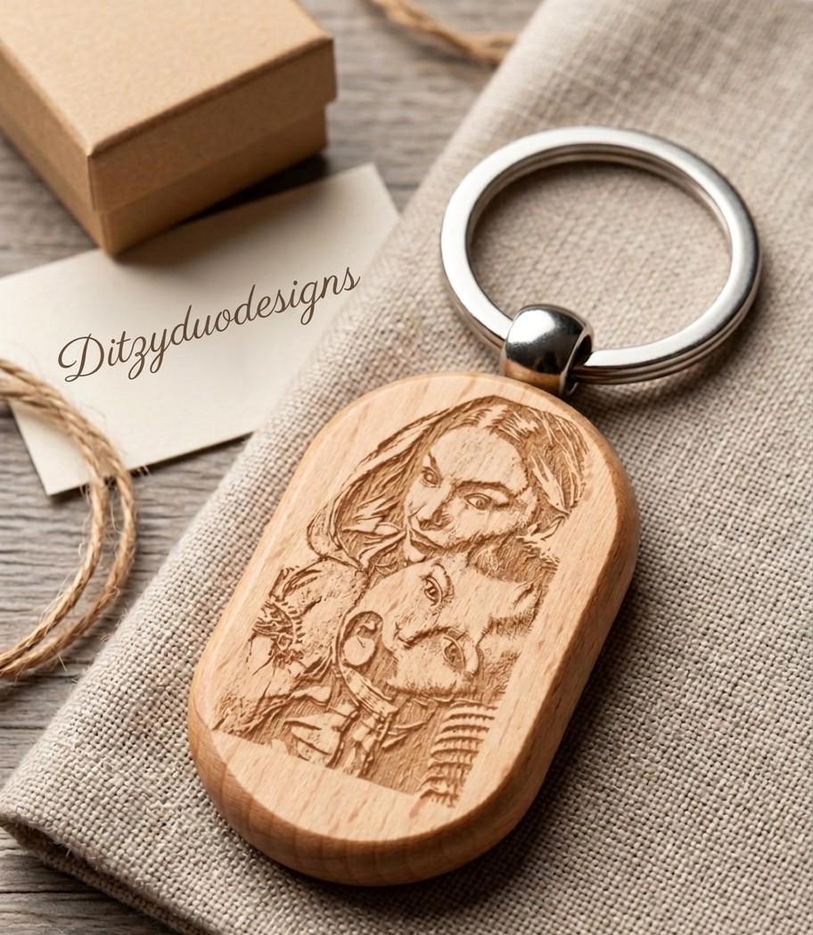 Laser engraved wooden photo keyring showing woman and dog portrait, personalised pet keepsake gift