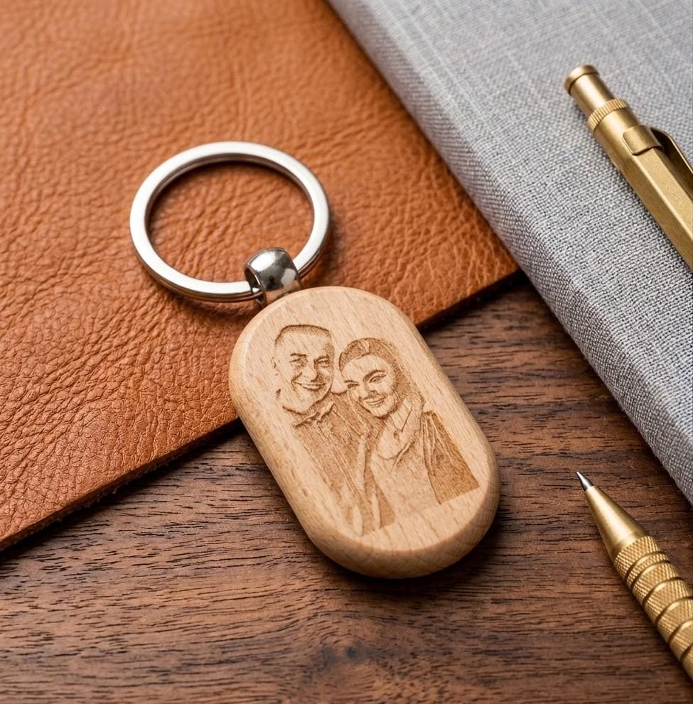 Personalised wooden photo keyring with engraved couple portrait, custom anniversary gift