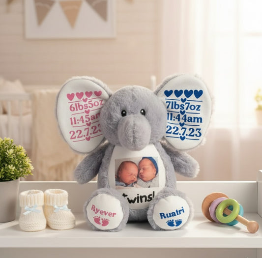 Personalized Twin Birth Announcement Elephant – Custom Photo Keepsake