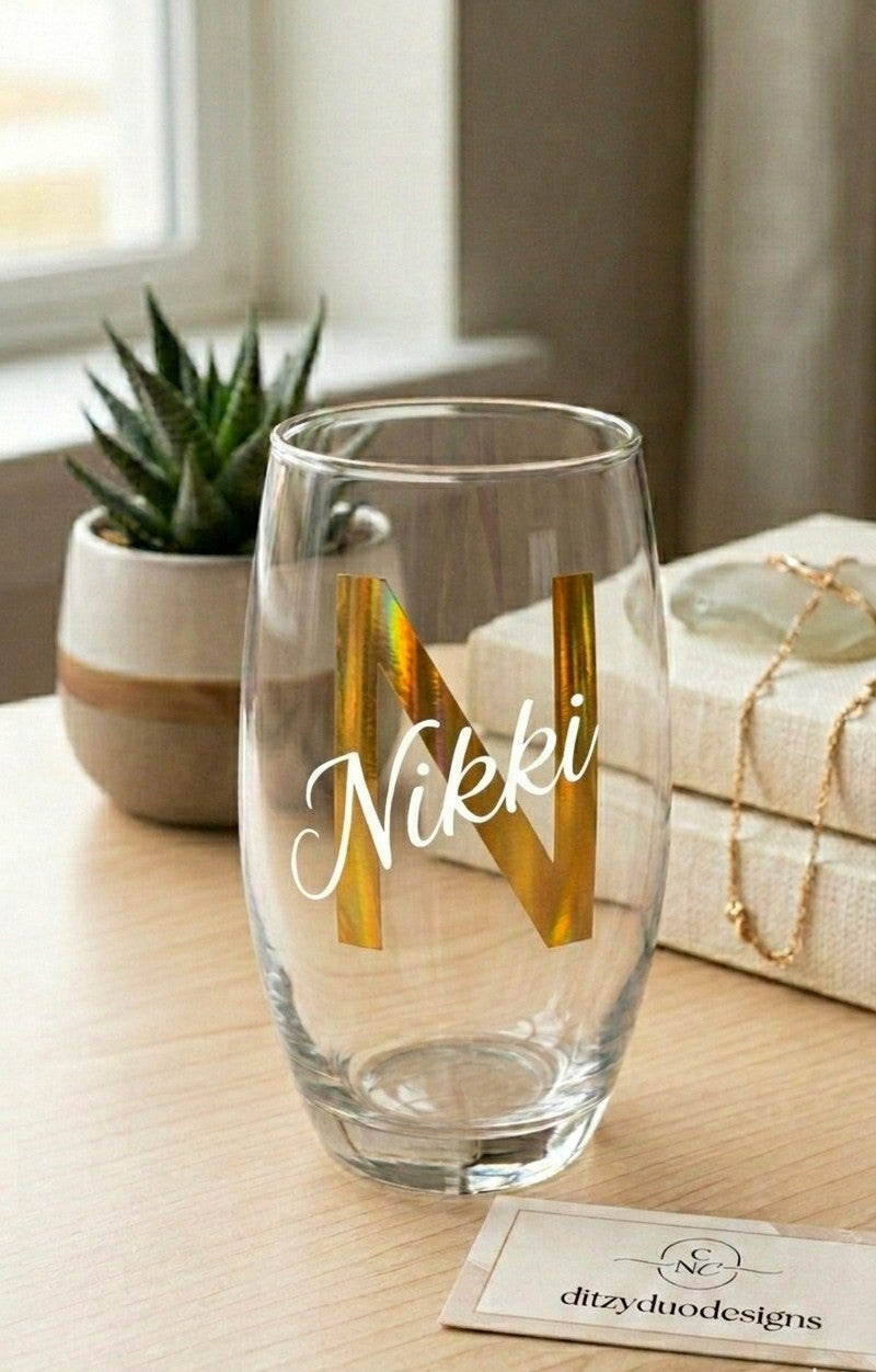 Personalized Glass with Name and Initial - Custom Engraved Gift, With Gift Box