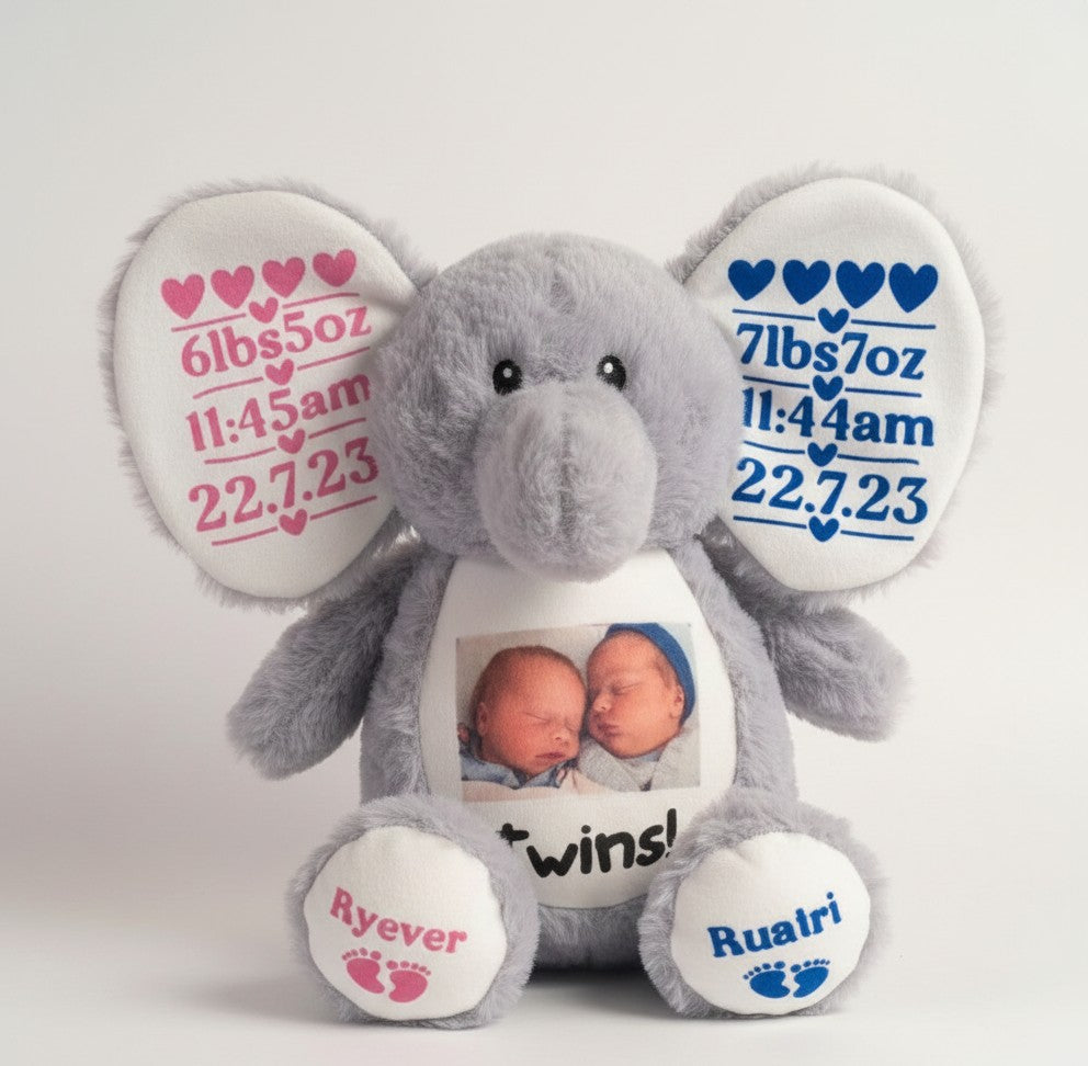 Personalized Twin Birth Announcement Elephant – Custom Photo Keepsake
