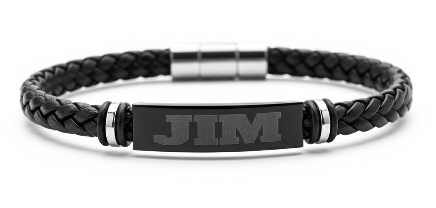 Personalized Men's Leather Bracelet - Custom Engraved Name ID Bracelet