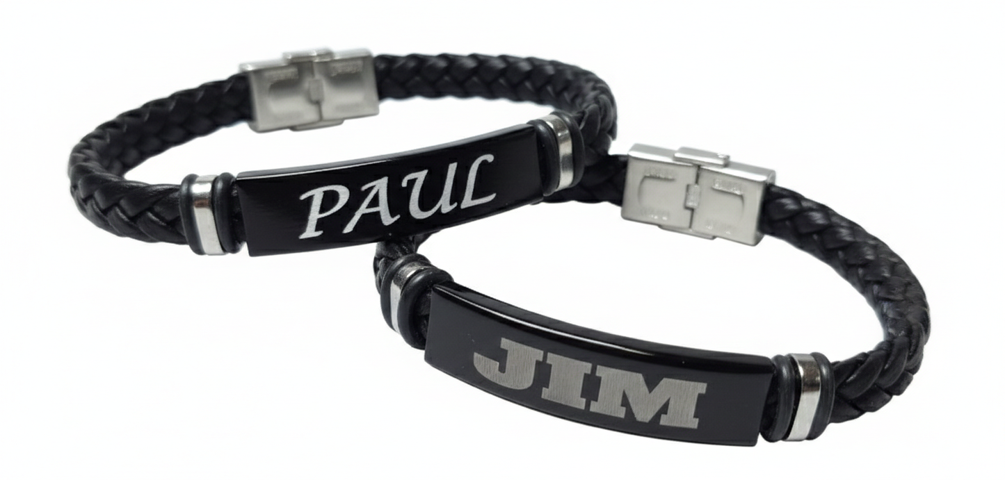 Personalized Men's Leather Bracelet - Custom Engraved Name ID Bracelet
