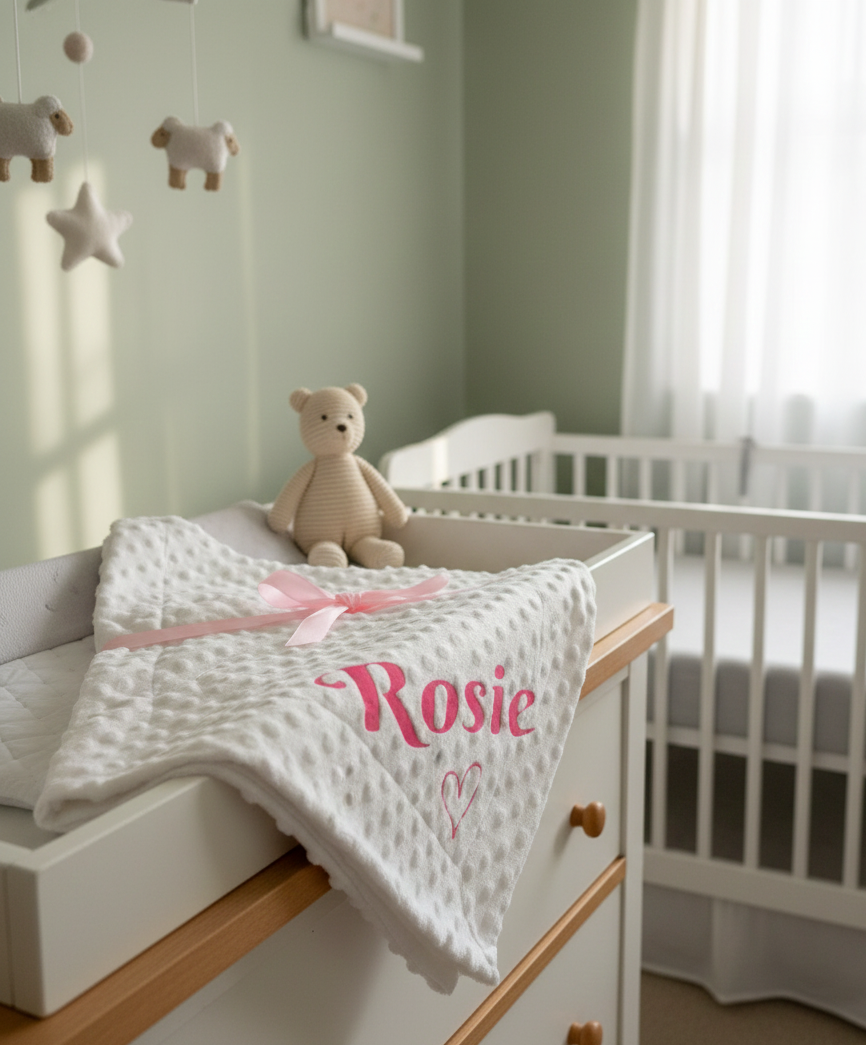 Personalised Baby Blanket — Custom Name Minky Dot Plush — New Baby Gift