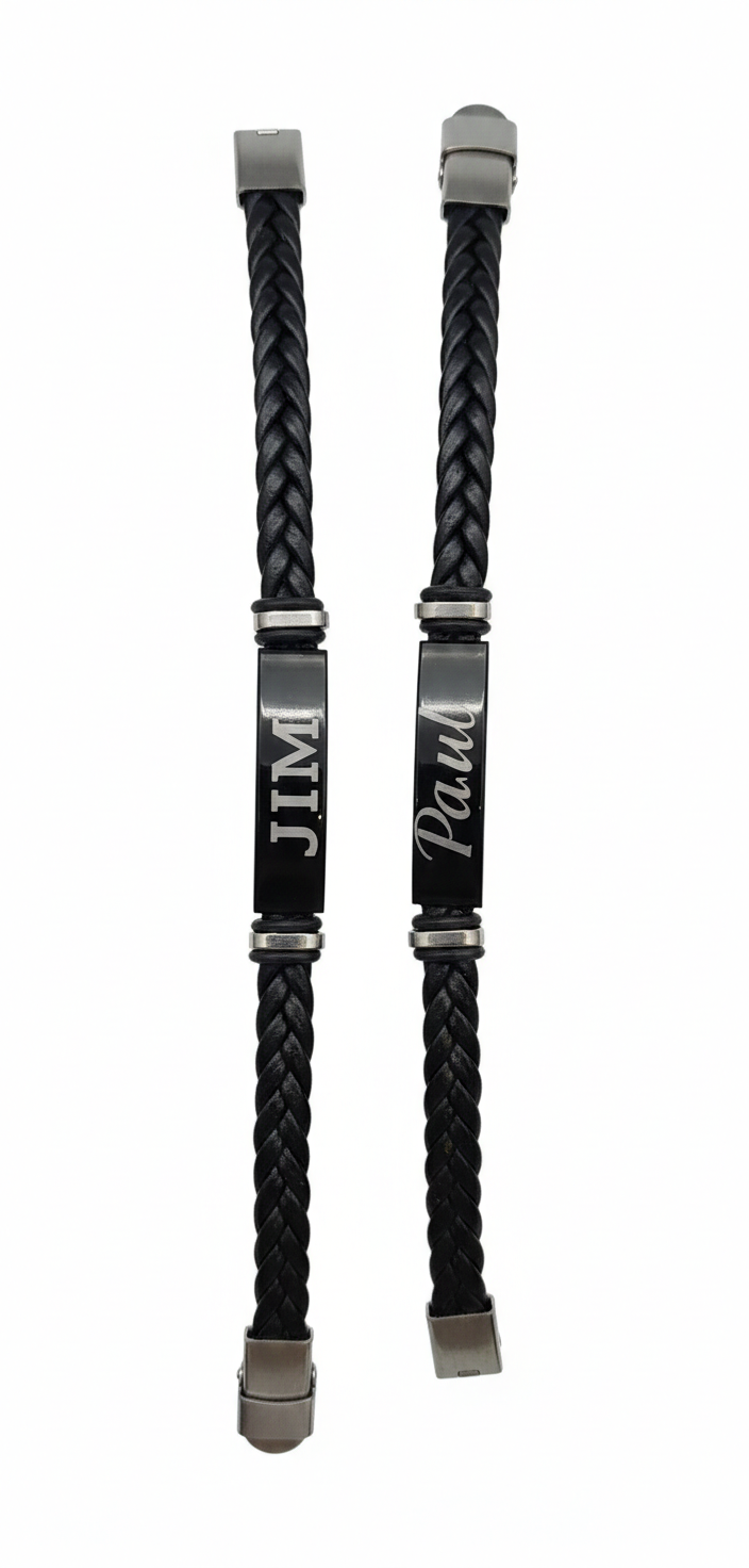 Personalized Men's Leather Bracelet - Custom Engraved Name ID Bracelet