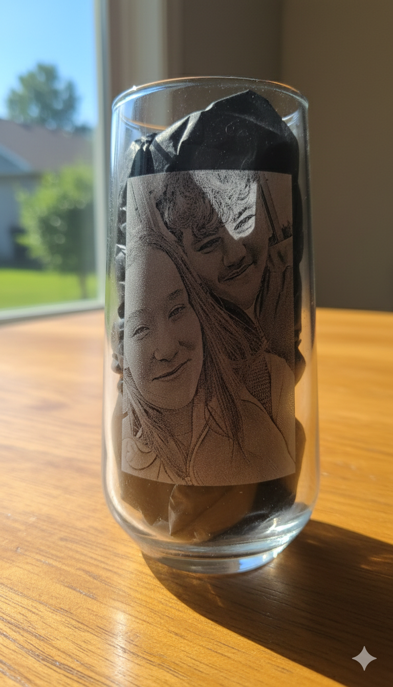 Personalized Photo Engraved Glass Tumbler – Custom Portrait Keepsake Gift