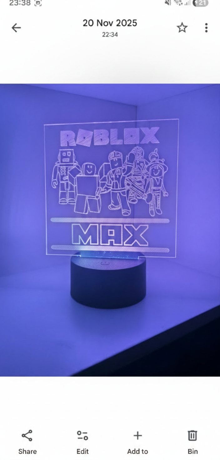 Engraved Roblox LED Night Light - Personalized Kids Name Gift