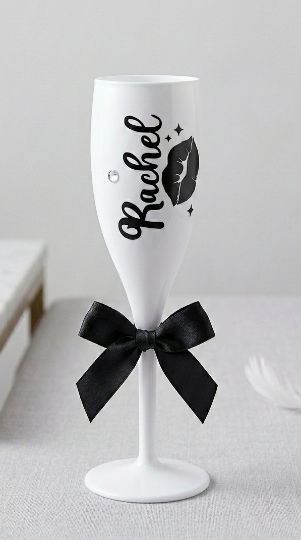 Personalised Champagne Flute — Custom Name Lips & Bow — Bridesmaid Gift