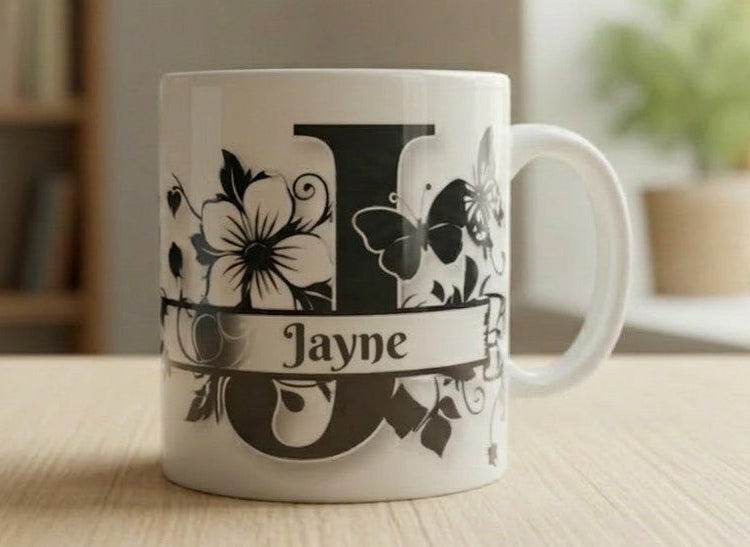 Personalized Initial Mug: Floral Butterfly Design, Custom Name