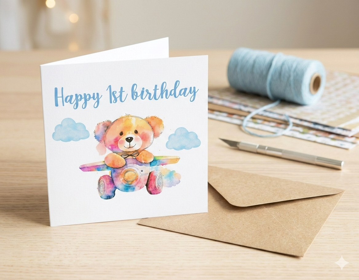 Watercolor Teddy Bear 1st Birthday Card for Boy - Airplane Design