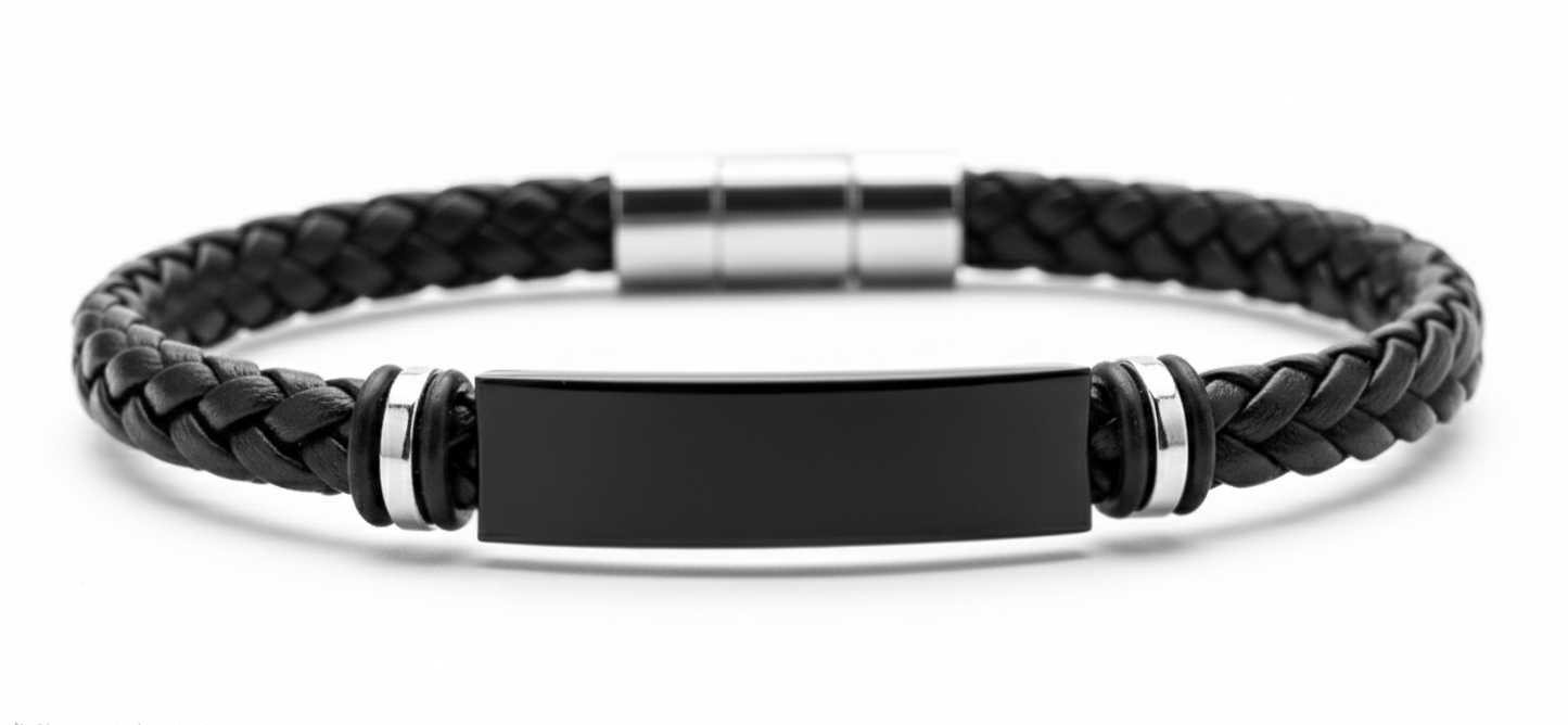 Personalized Men's Leather Bracelet - Custom Engraved Name ID Bracelet