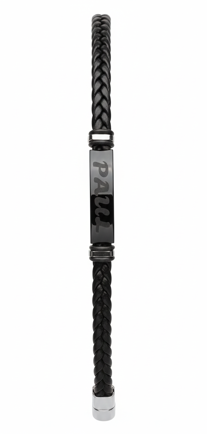 Personalized Men's Leather Bracelet - Custom Engraved Name ID Bracelet
