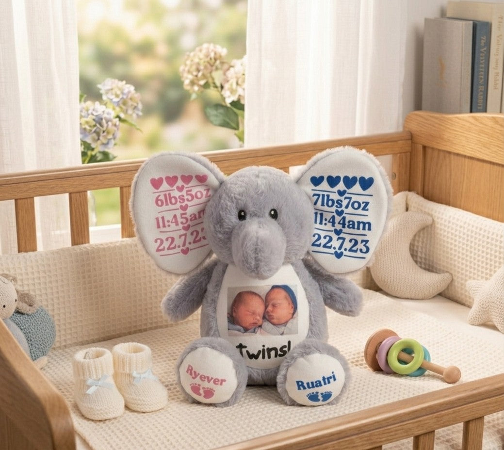 Personalised Twin Birth Announcement Elephant Plush — New Baby Gift