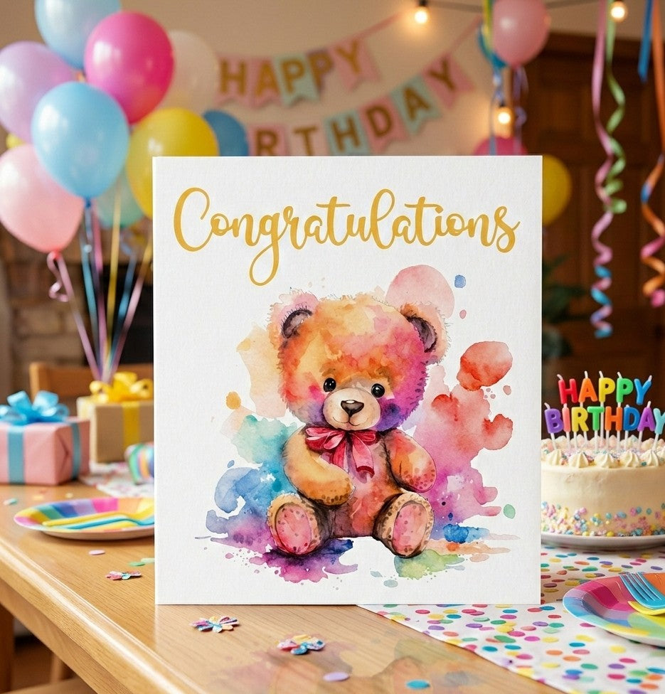 Watercolor Teddy Bear Congratulations Card - Rainbow Splashes