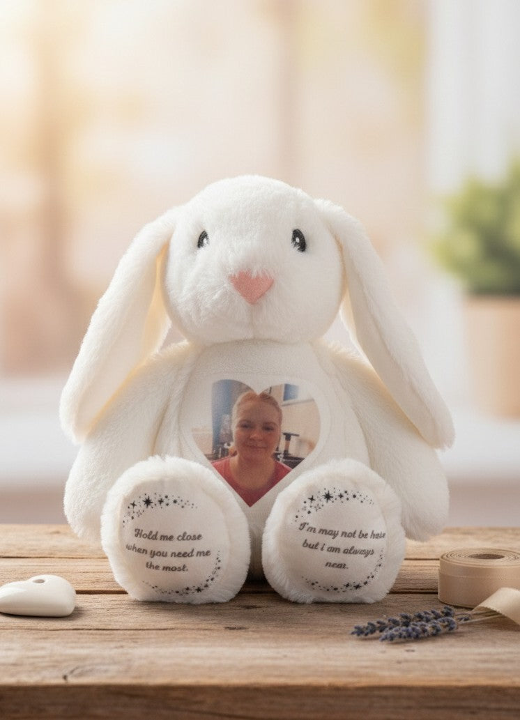 Personalized Memorial Stuffed Bunny – Custom Photo Heart & Sentiment Text – Bereavement Keepsake Gift