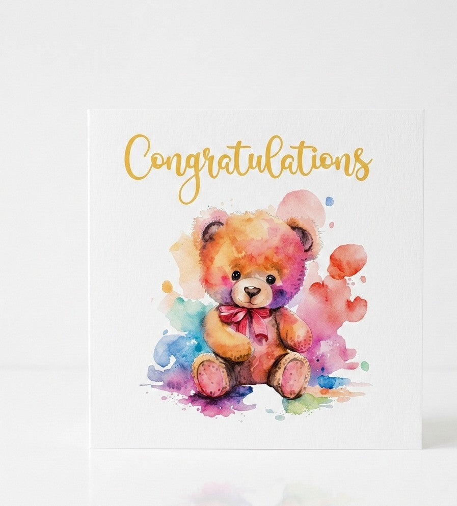 Watercolor Teddy Bear Congratulations Card - Rainbow Splashes