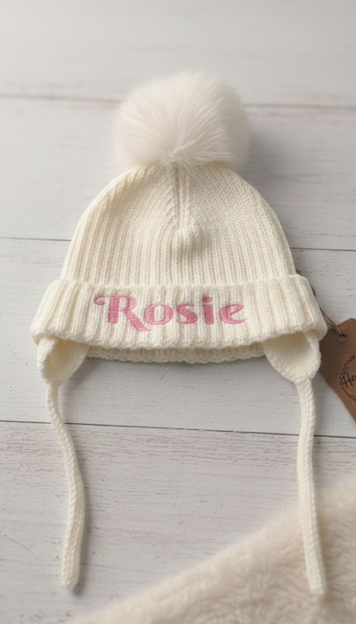 Personalized Baby Pom Pom Hat, Custom Name Beanie, Newborn Gift