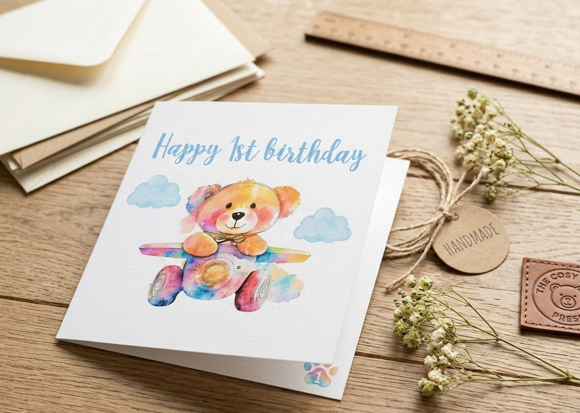 Watercolor Teddy Bear 1st Birthday Card for Boy - Airplane Design