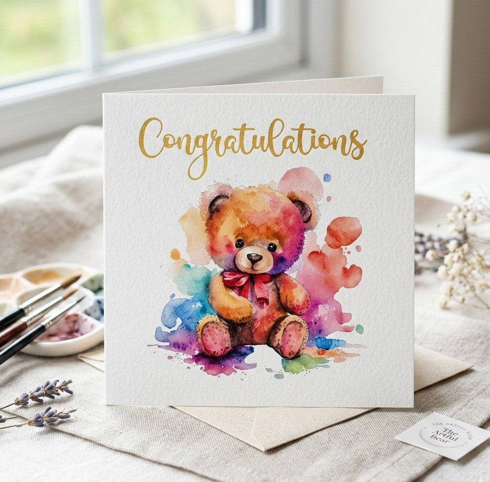 Watercolor Teddy Bear Congratulations Card - Rainbow Splashes