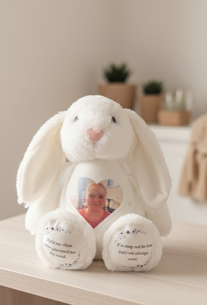 Personalized Memorial Stuffed Bunny – Custom Photo Heart & Sentiment Text – Bereavement Keepsake Gift