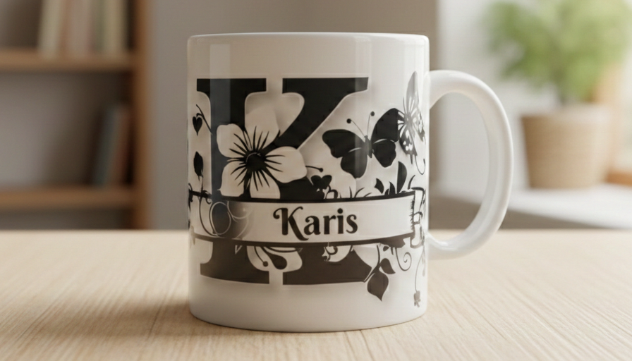 Personalized Initial Mug: Floral Butterfly Design, Custom Name