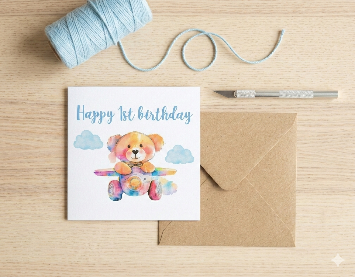 Watercolor Teddy Bear 1st Birthday Card for Boy - Airplane Design